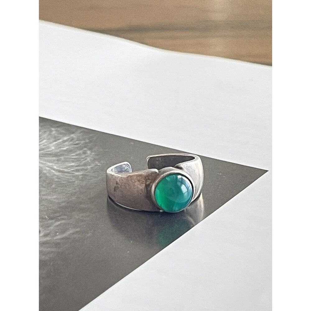 Vintage 1960s Central European 825 Silver & Green Agate Designer Ring SZ：6.5